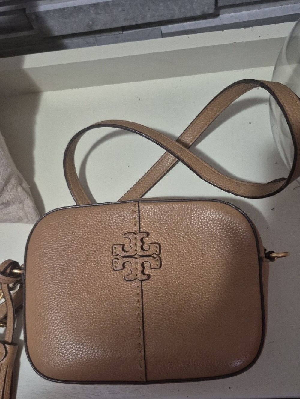 Tory Burch Beige/Tan Pebbled Leather Crossbody with Tassel - Picture 2 of 4